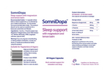 SomniDopa sleep support supplement packaging with product details and branding.