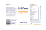Multivitamin supplement packaging with text and branding on a white background