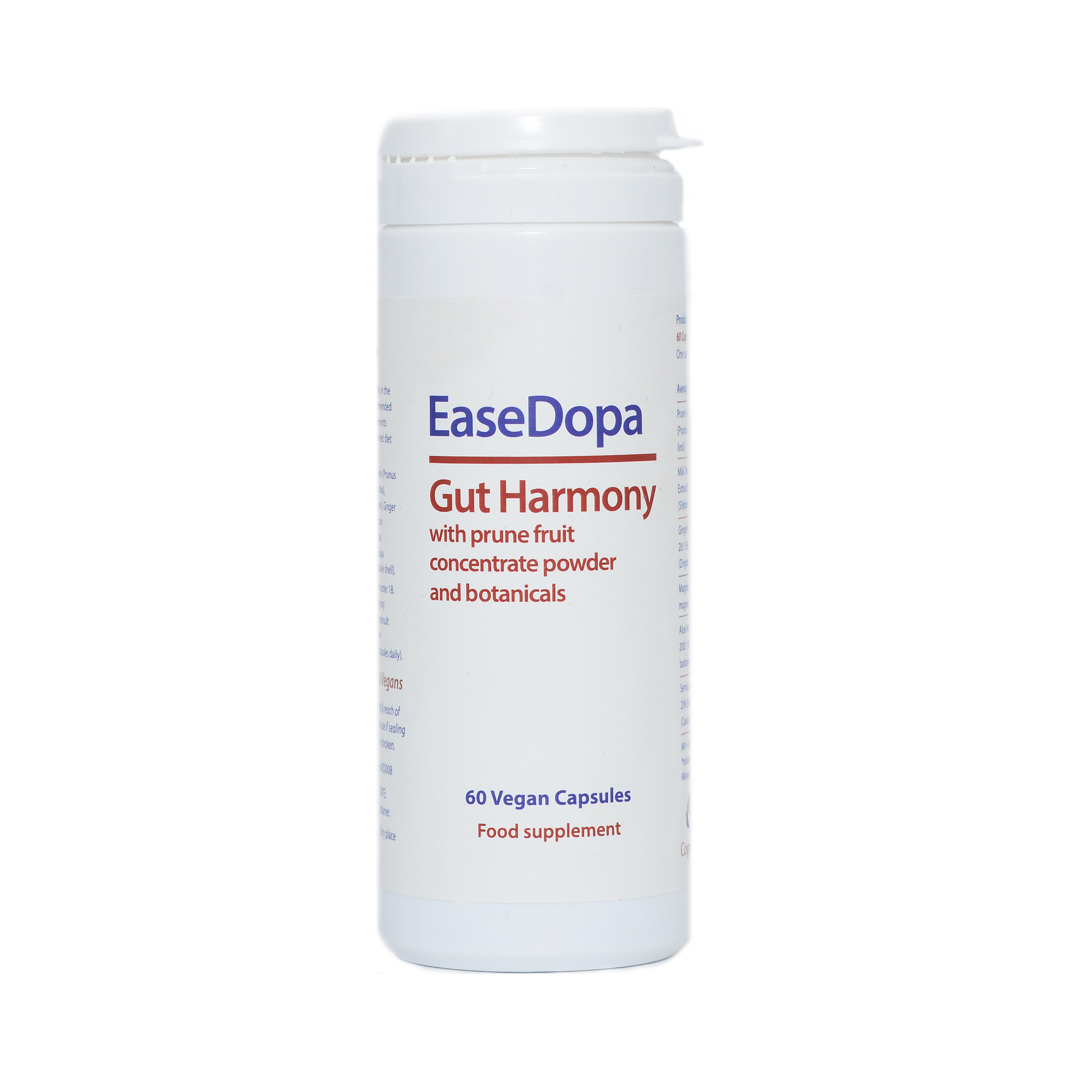 White container of EaseDopa Gut Harmony supplement on a white background