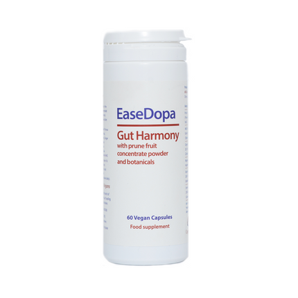 White container of EaseDopa Gut Harmony supplement on a white background