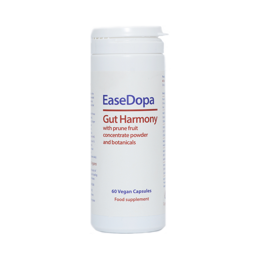 White container of EaseDopa Gut Harmony supplement on a white background