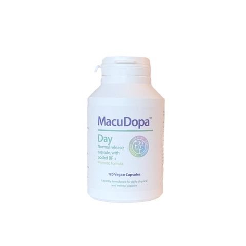White bottle of MacuDopa Day on a white background