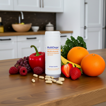A bottle of multivitamin and mineral supplement capsules displayed on a wooden kitchen countertop surrounded by fresh fruits and vegetables including oranges, strawberries, raspberries, grapes, red bell pepper, kale, and a banana.