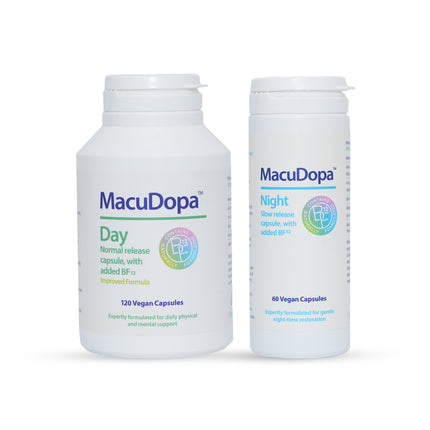 Two bottles of MacuDopa, one labeled 'Day' and the other 'Night', on a white background.