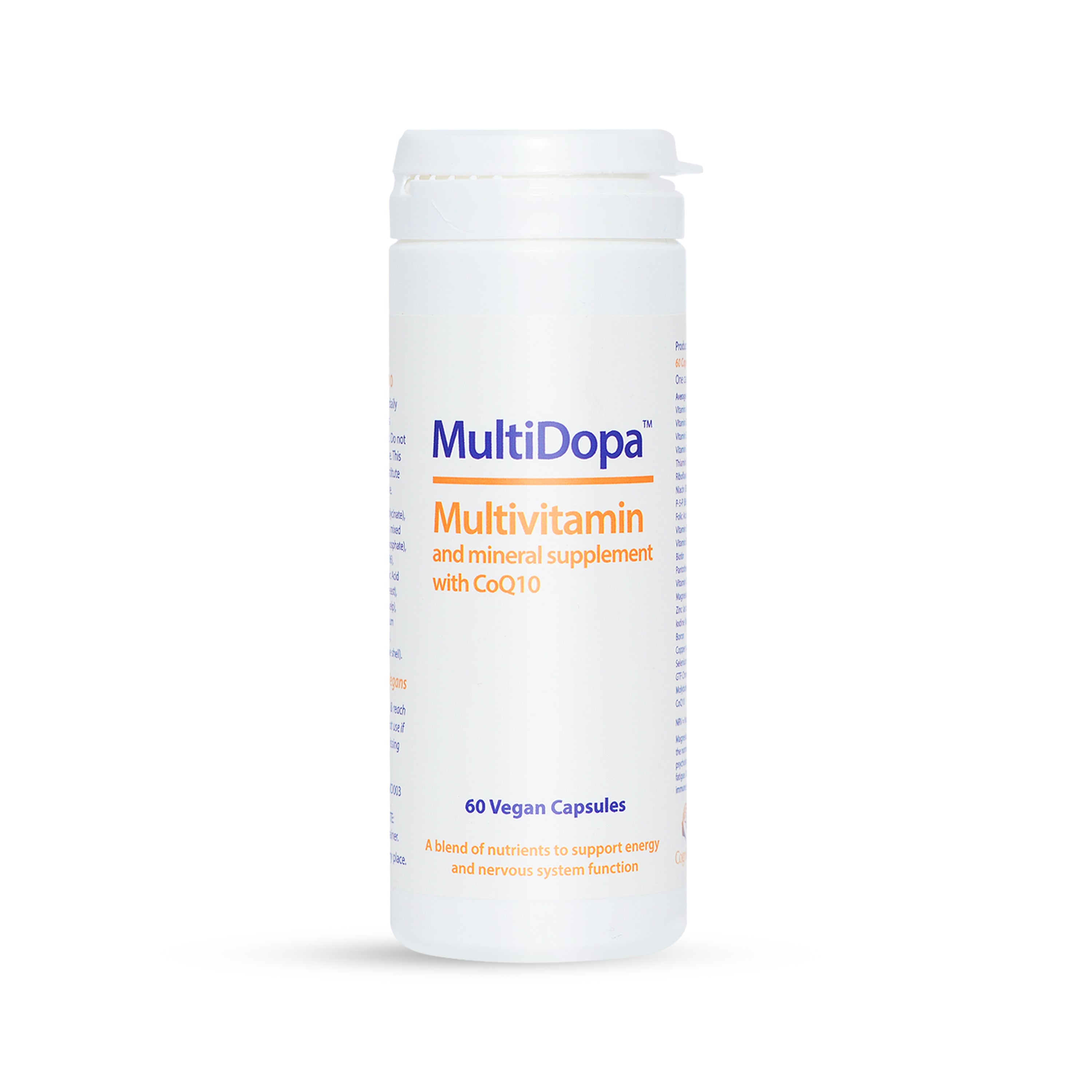 Multivitamin supplement container labeled 'MultiDopa' on a white background