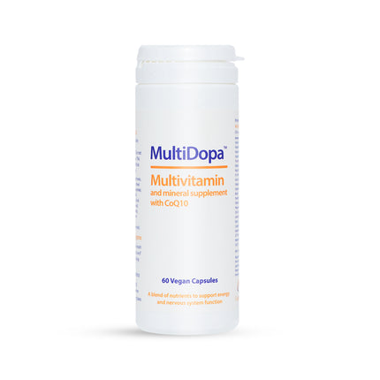 Multivitamin supplement container labeled 'MultiDopa' on a white background