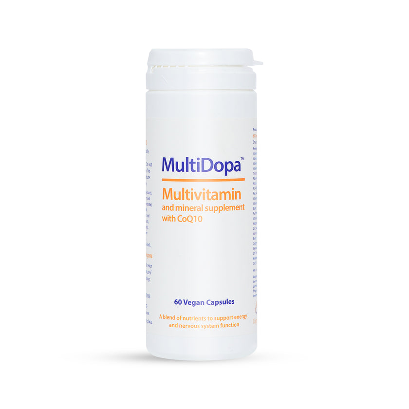 Multivitamin supplement container labeled 'MultiDopa' on a white background